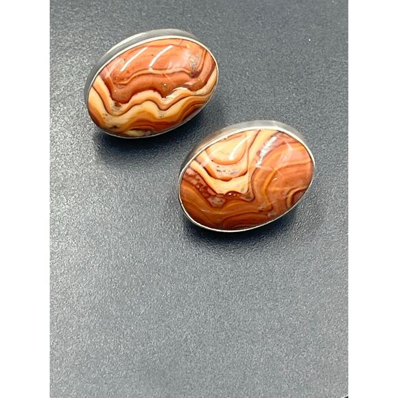Silver Creations Gundi Vintage Sterling Silver Banded Agate Oval Pierced Earring - Picture 9 of 12